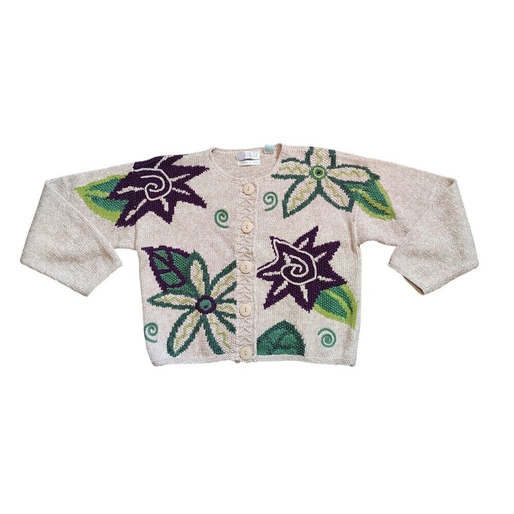 ​VTG Hand Knit Floral Cardigan Womens M Cottagecore Folk Art Button Front